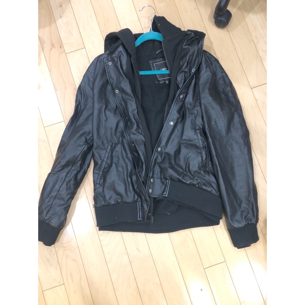 Obey black leather hooded jacket